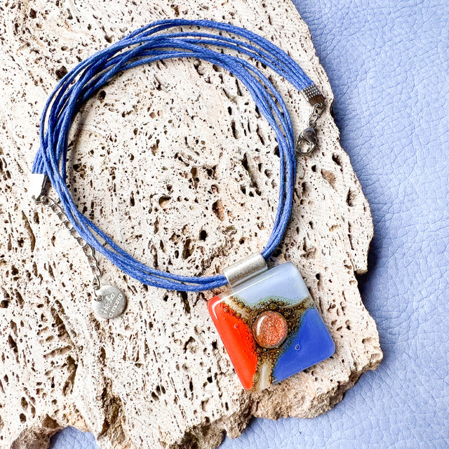 Cristalida Short Necklace / Fused Glass, Cotton Cords / Blue, Orange / Coba Fashion Jewelry