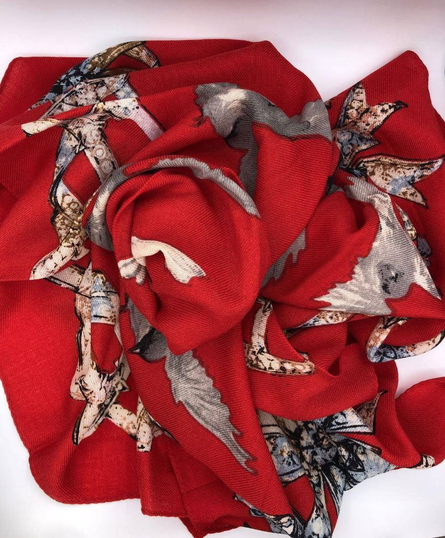 Bird Pattern Large Square Wool Scarf / Red, Grey / 45.3" x 45.3"/ 100% Wool / Gift Idea-1