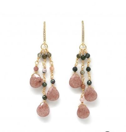 Habana Paris Gemstone Earrings For Women / Quartz, Tourmaline, Brass, Crystals  / Pink, Costume Jewelry