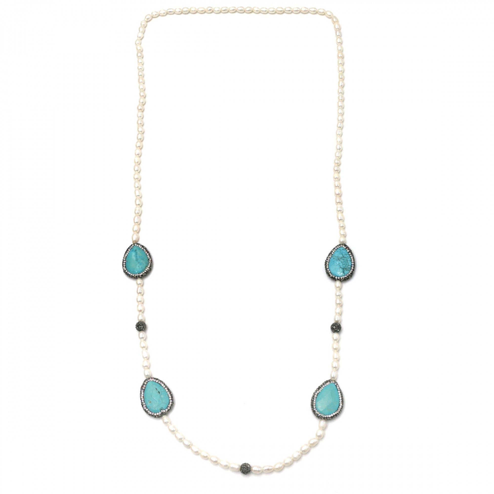 Habana Paris Long Pearl Turquoise Necklace / Freshwater Pearls, Turquoise, Rhinestones /  White, Blue, Black - 0