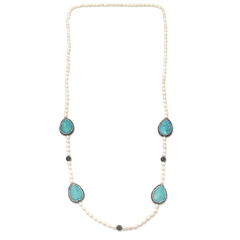 Habana Paris Long Pearl Turquoise Necklace / Freshwater Pearls, Turquoise, Rhinestones /  White, Blue, Black