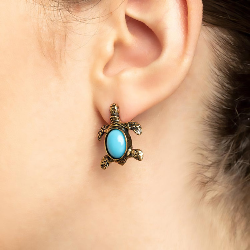 Alcozer Turtle Stud Earrings / Golden Brass, Turquoise Paste / Blue / Best Gift