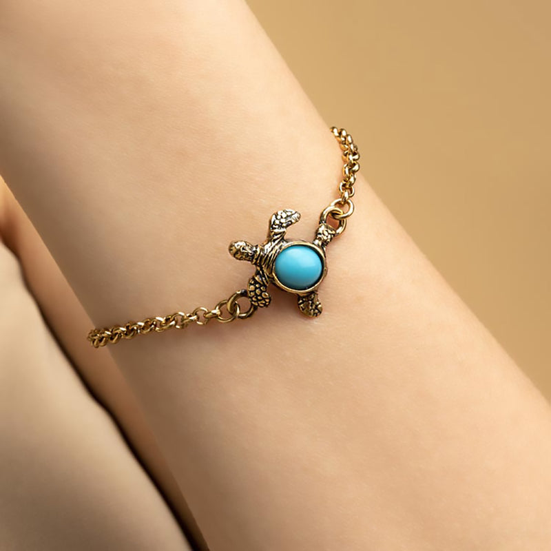 Alcozer Turtle Chain Bracelet / Golden Brass, Turquoise Paste / Delicate Jewelry