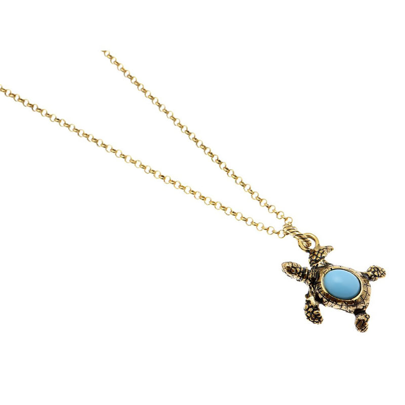 Alcozer Turtle Pendant Necklace / Golden Brass, Turquoise Paste  / Short Chain