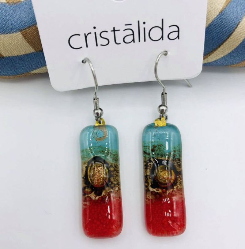 Cristalida Rectangular Earrings For Women / Fused Glass, Surgical Steel / Red, Blue / Fashion Jewelry