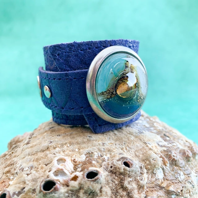 Cristalida Women`s Leather Wristband - Adjustable - Bright Blue, Aqua, White- Width 1.6 Inches - Jewelry - Bonaire